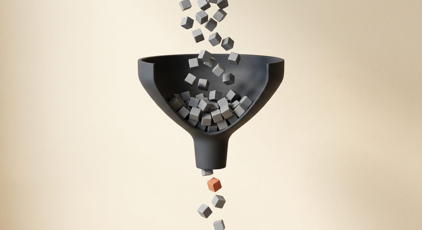 A funnel catching most falling blocks with a few passing through, one orange, cream backdrop