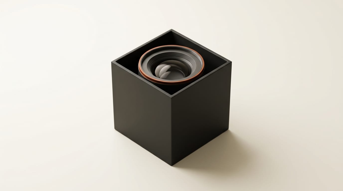 A matte cube revealing a lens, representing vision added to a text model