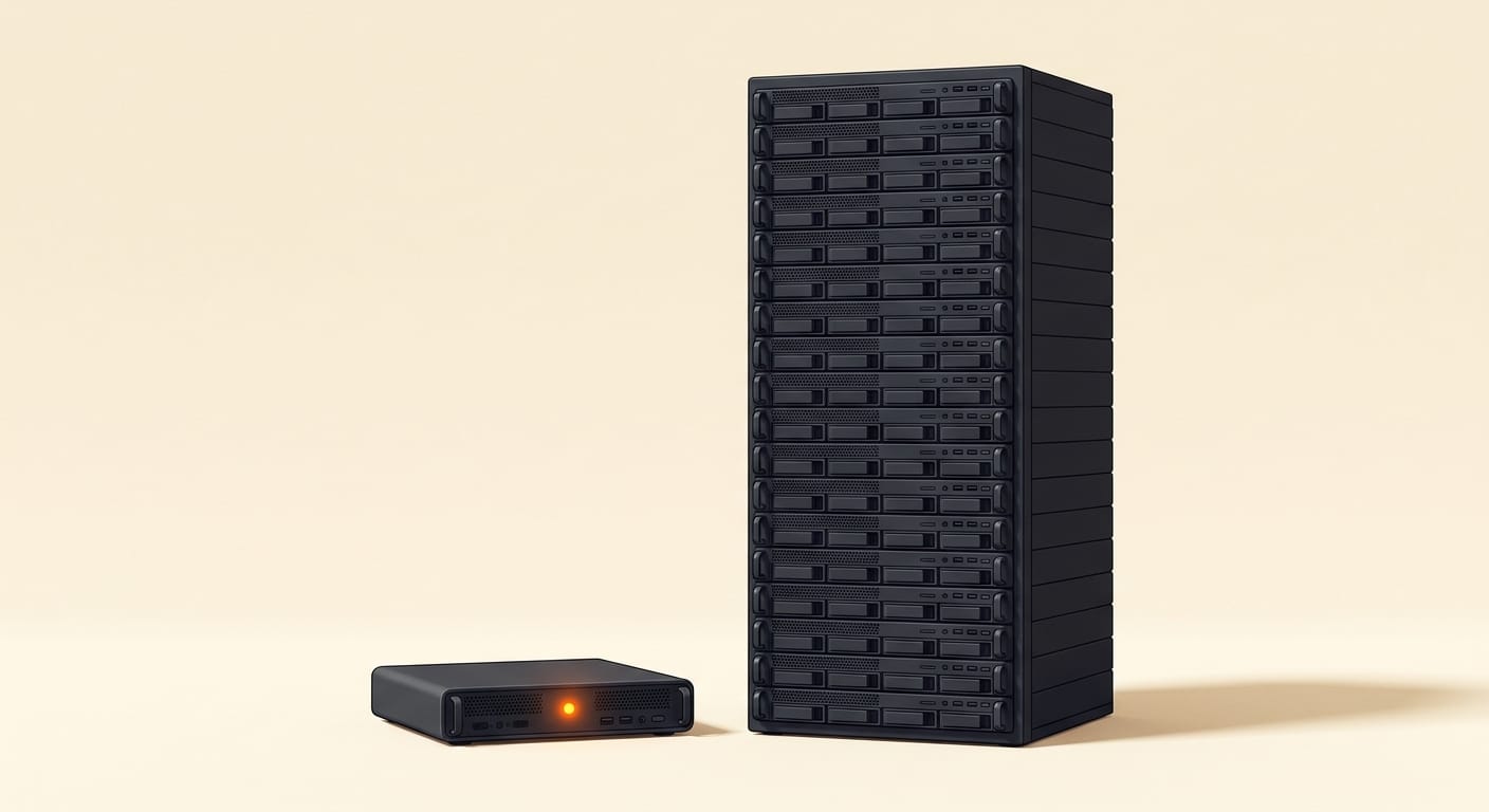 A small matte 3D server rack next to a much larger one, showing self-host footprint difference