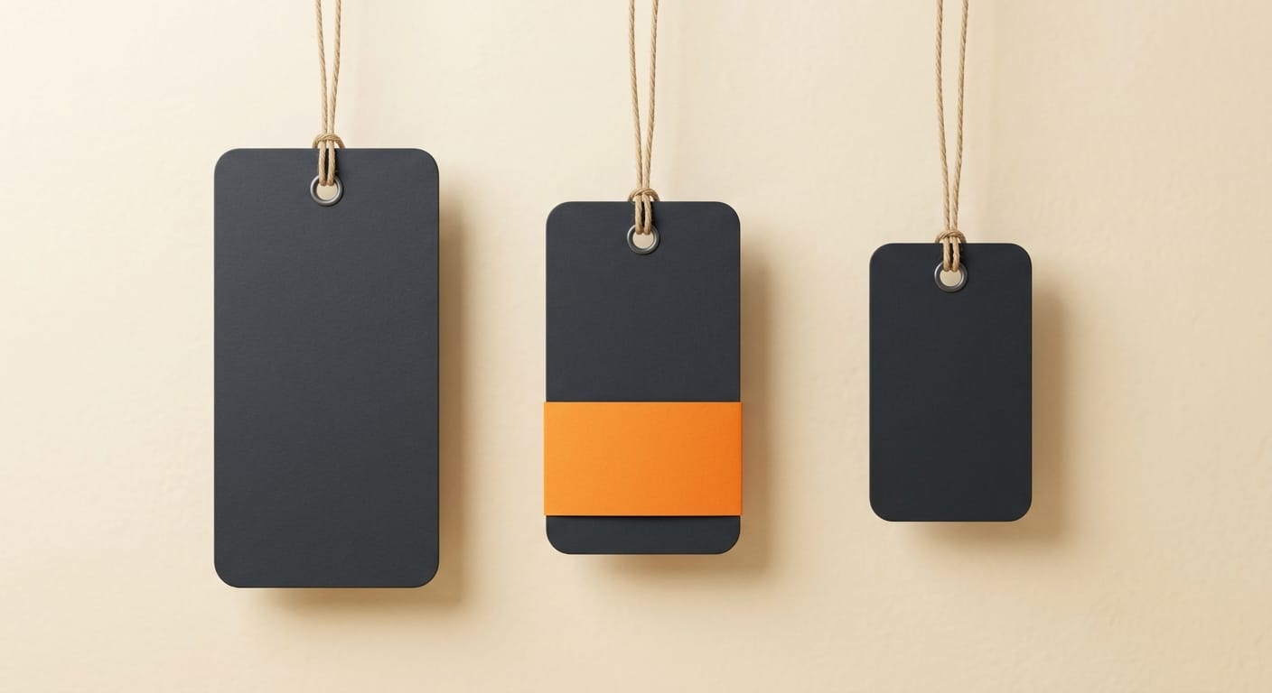 Three matte 3D price tags of descending size representing token cost per model