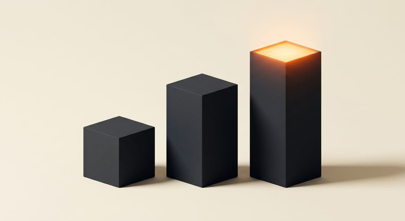 Minimal 3D render of three ascending blocks comparing reactive, scheduled, and persistent agent models