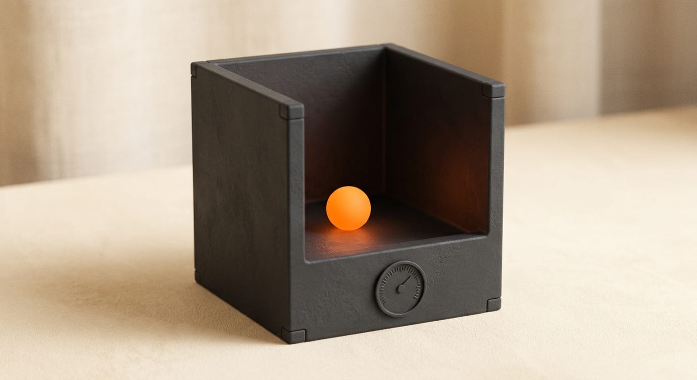 Minimal 3D render of a sandbox enclosure containing a glowing agent core with a capped meter