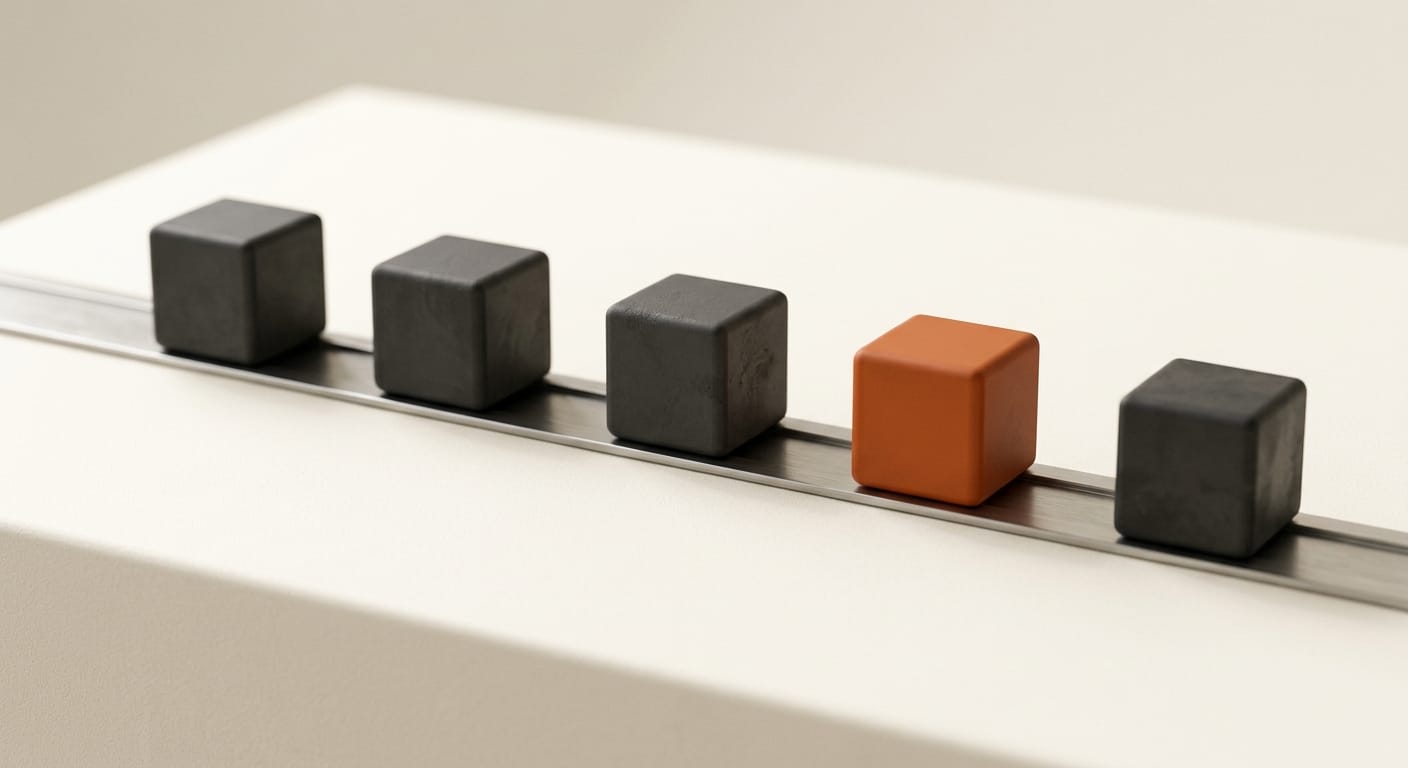 3D render of a five-stage content pipeline as connected charcoal blocks