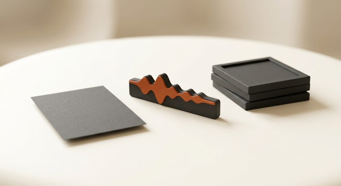 3D render of three assets: a script sheet, a sound wave, and image frames