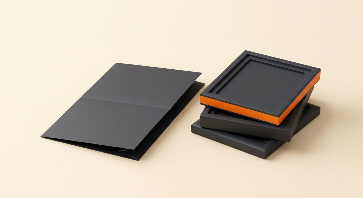 3D render of a product brief document beside a stack of reference photo cards