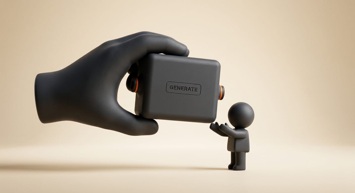 A single matte 3D object shaped like a labeled function block being handed to an agent