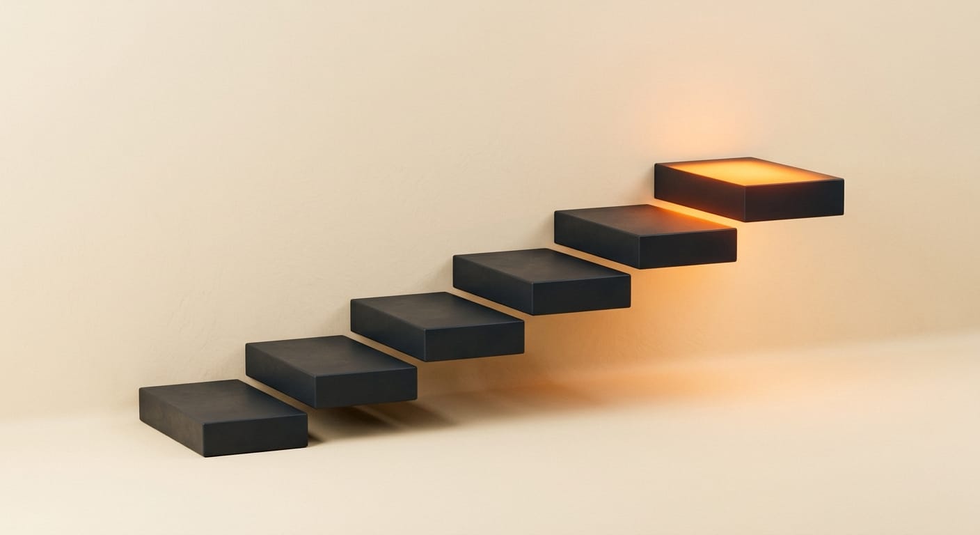 Six matte 3D step blocks ascending in a row, the last one glowing with an orange accent