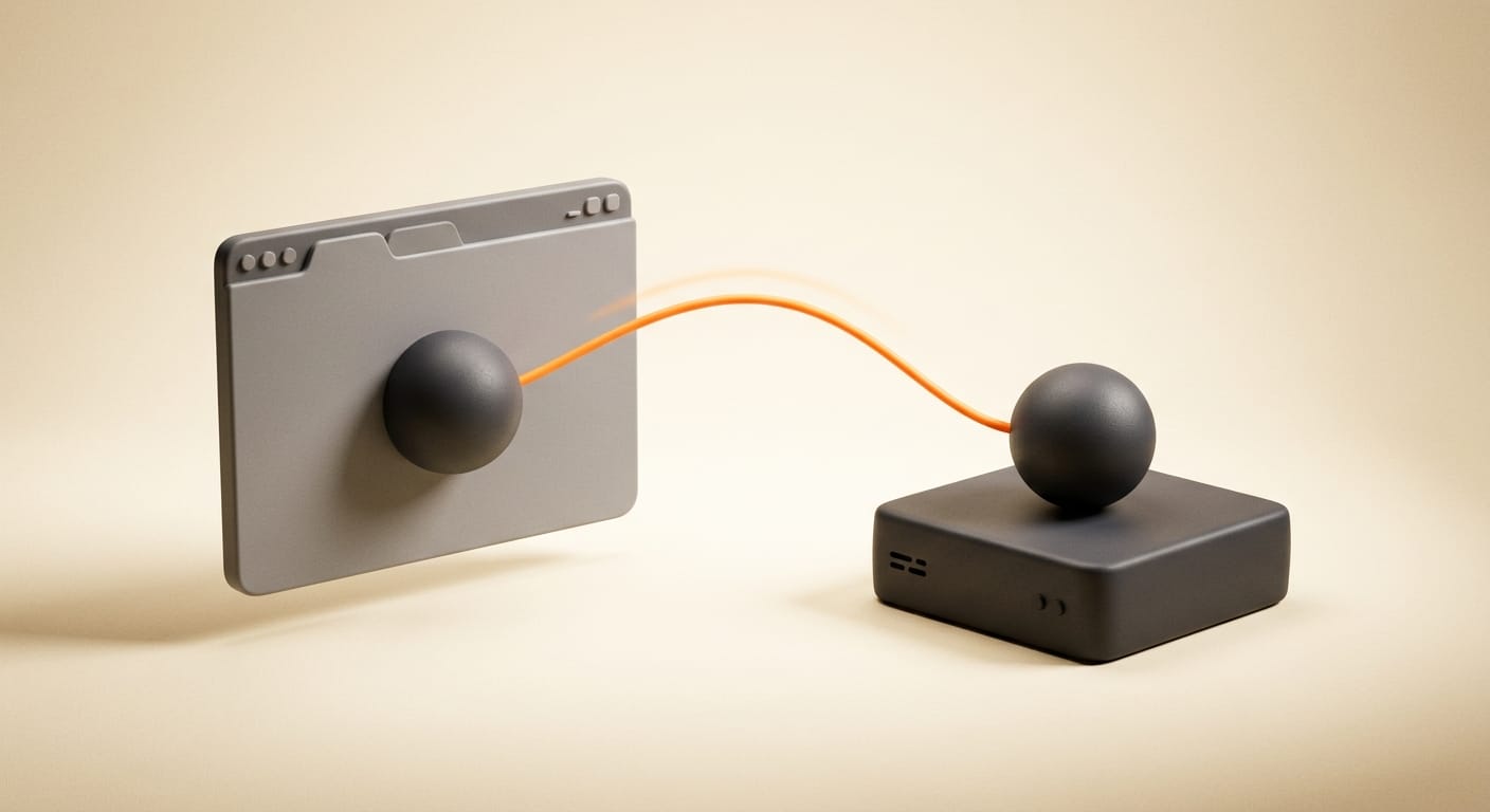 Two matte 3D nodes, one inside a browser frame and one on a standalone server block, linked by a single line