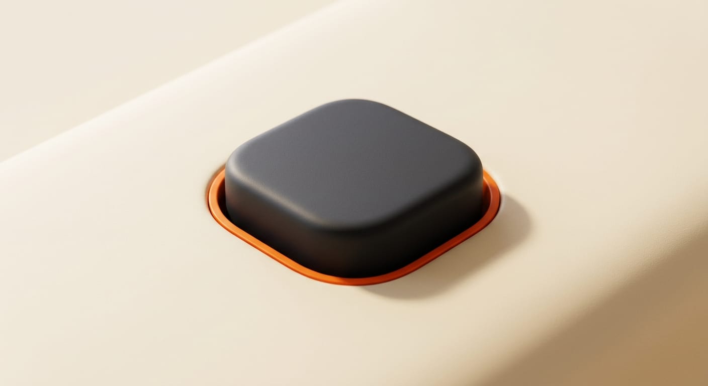 Minimal 3D render of a single button pressing down, representing one-click AI background removal