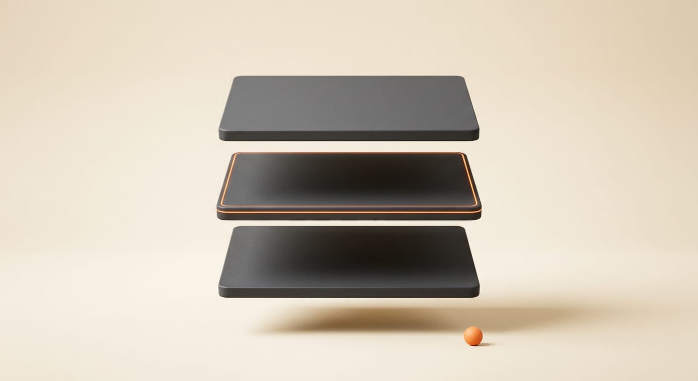 Minimal 3D render of stacked layers lifting apart, representing composited video layers over a new background