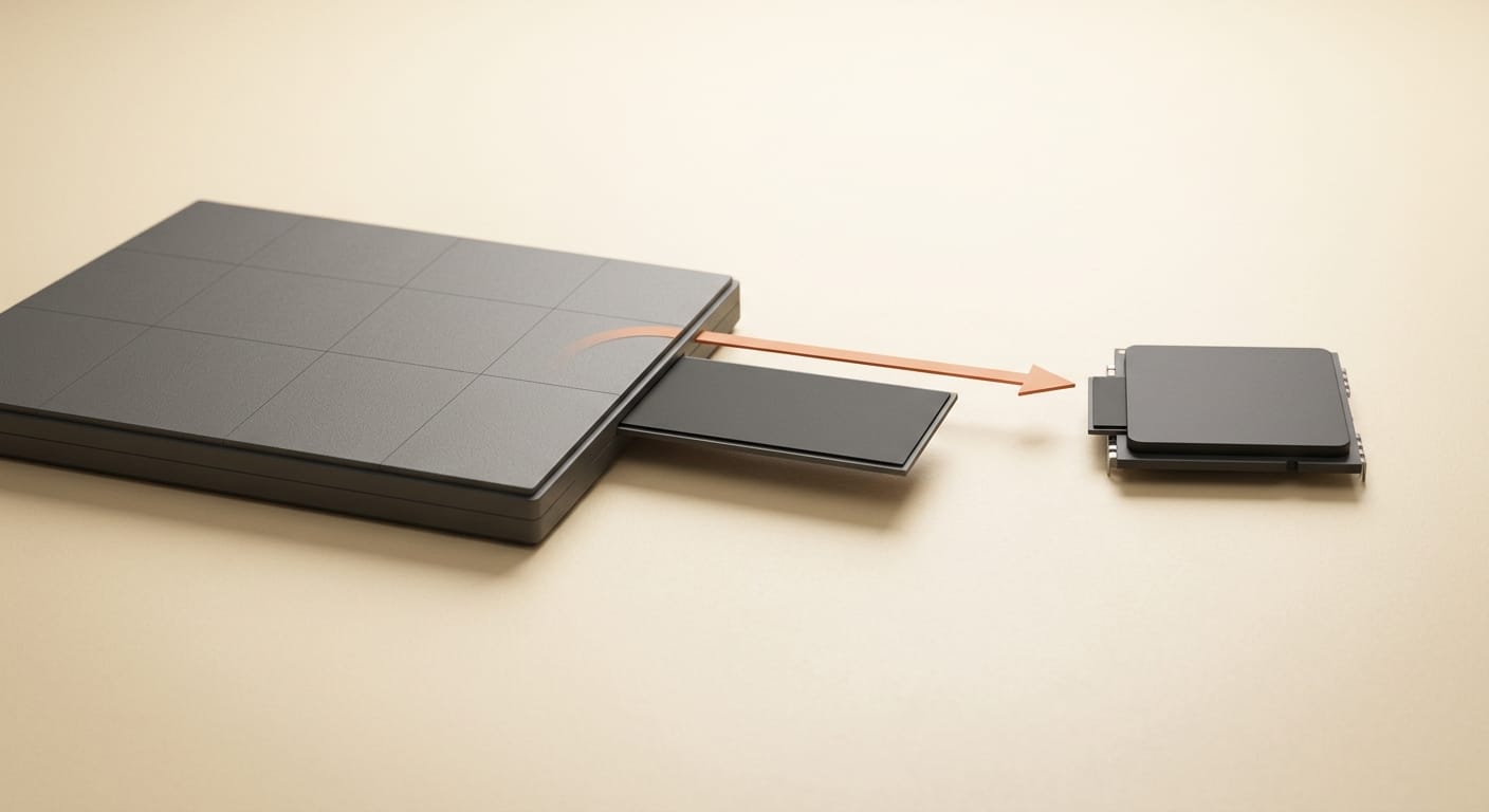A single decoder layer sliding from a RAM slab into a small GPU on a cream backdrop