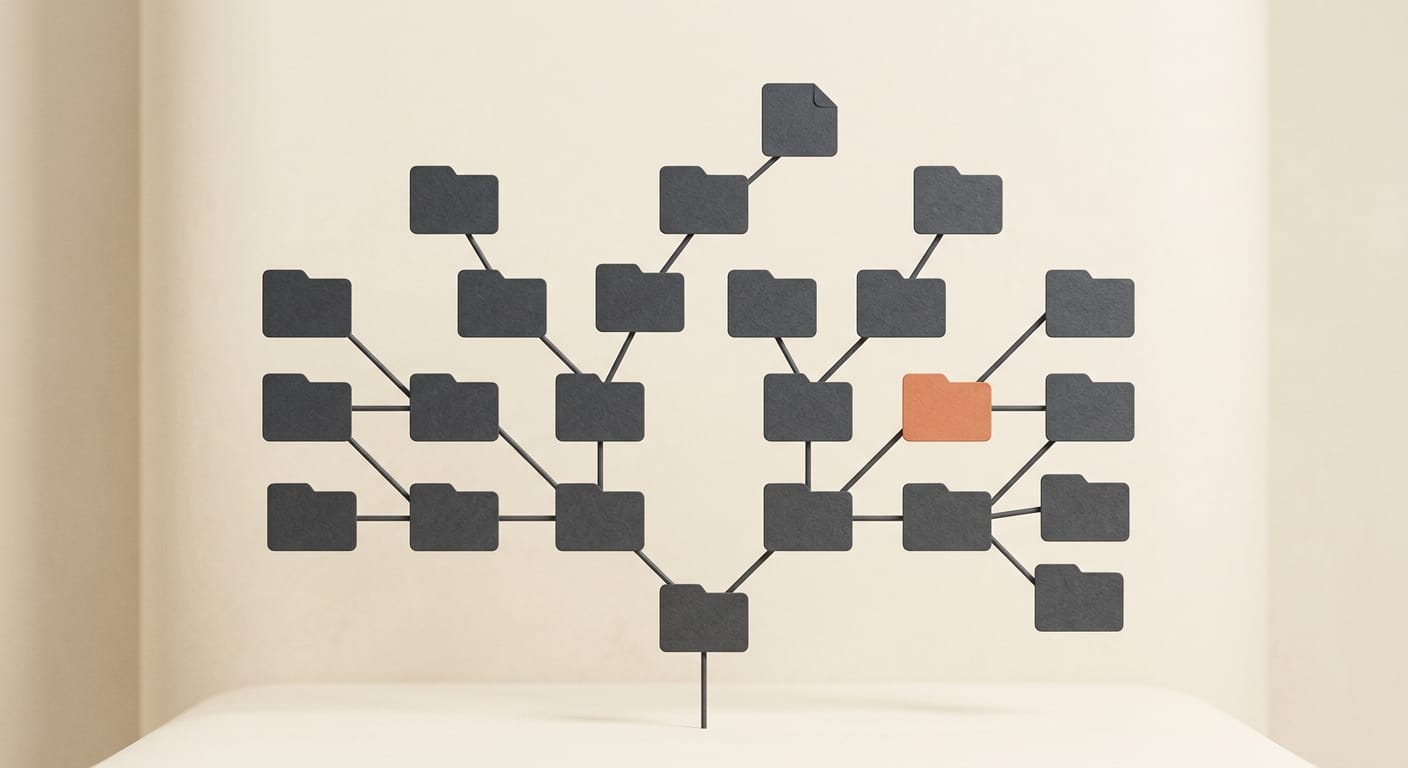 An adapter file branching like a version-control tree on a cream backdrop with one orange node