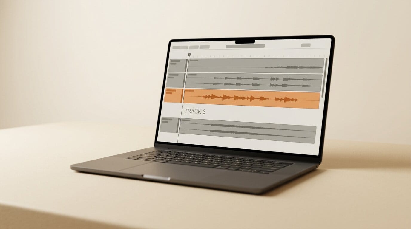 Creator auditioning a generated audio scene on a laptop timeline