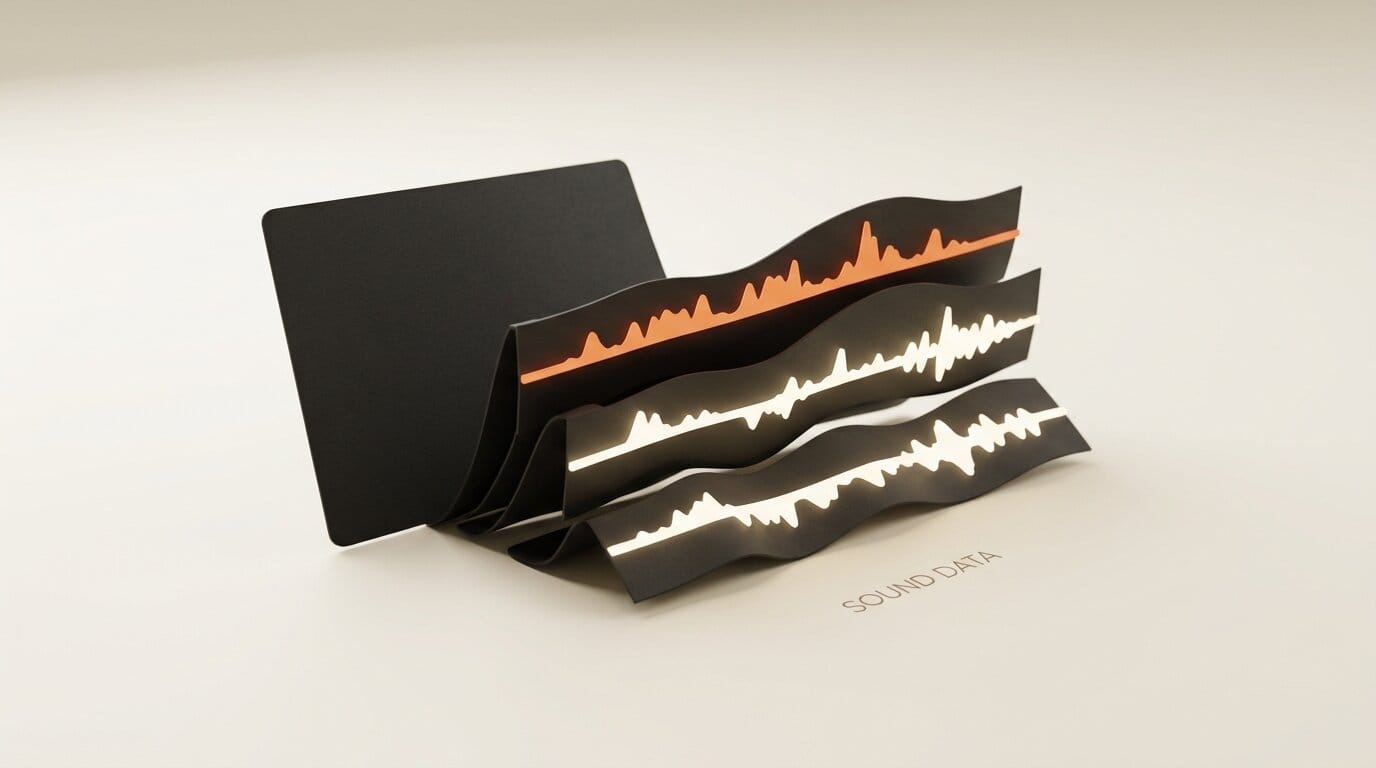 Text prompt turning into a layered audio waveform of speech, music, and sound effects