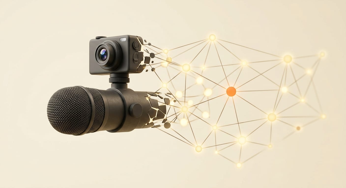 A 3D microphone and camera dissolving into model-weight nodes, representing likeness as training data