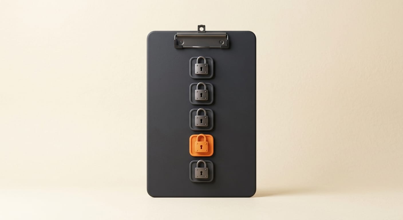 A 3D checklist of platform tiles each with a padlock, representing a cross-platform AI-training audit