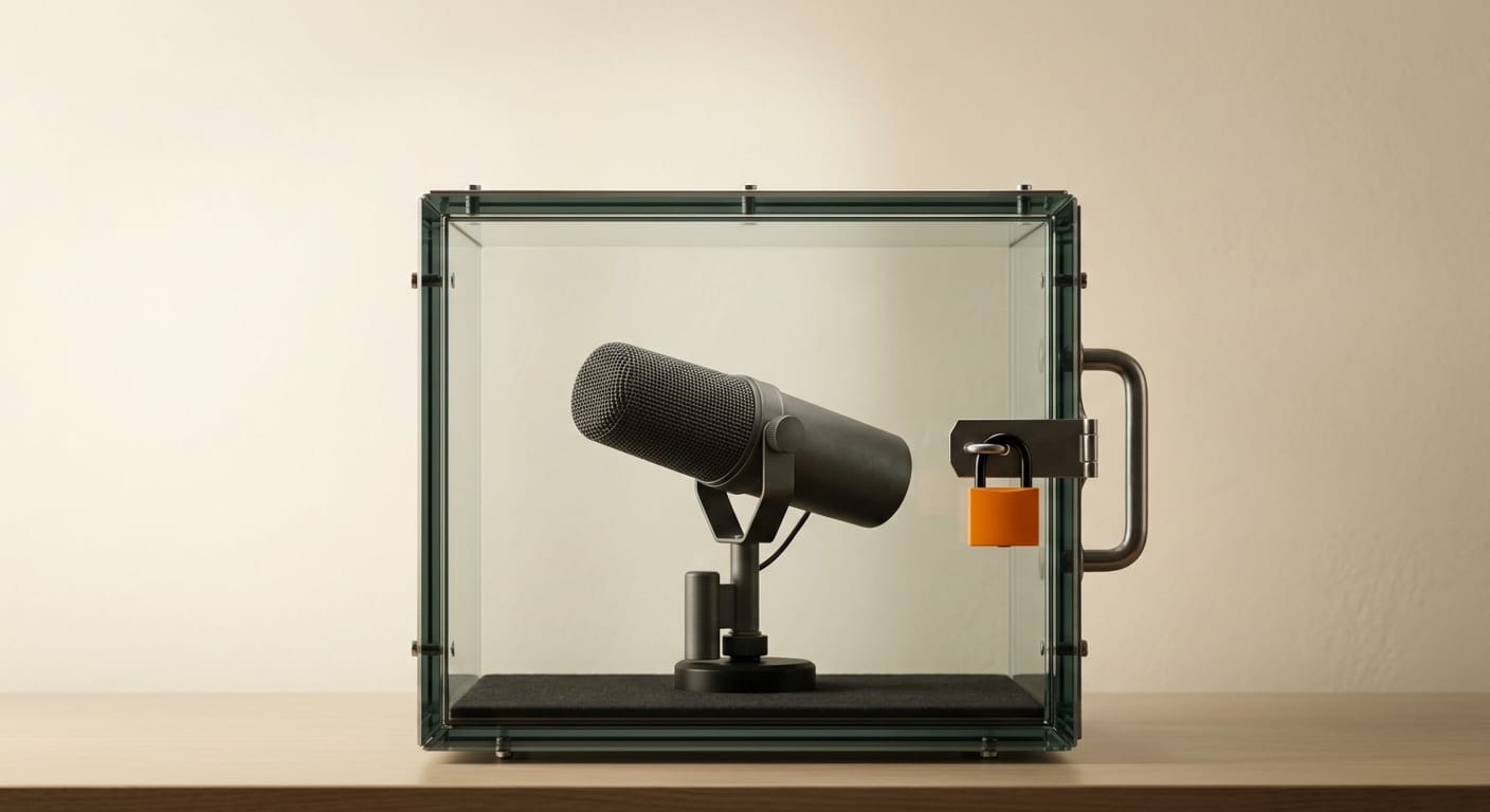 A matte 3D microphone sealed inside a locked charcoal enclosure, representing on-device voice processing that never leaves the machine