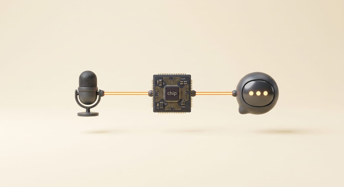 Three linked matte 3D nodes forming a pipeline from a microphone to a processor chip to an agent icon, representing the voice to agent workflow