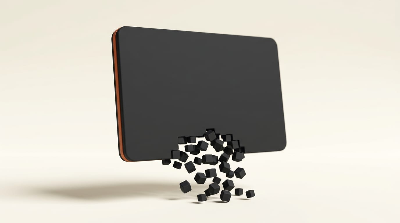 A generated app interface dissolving into pixels instead of code, illustrating Runway Solaris