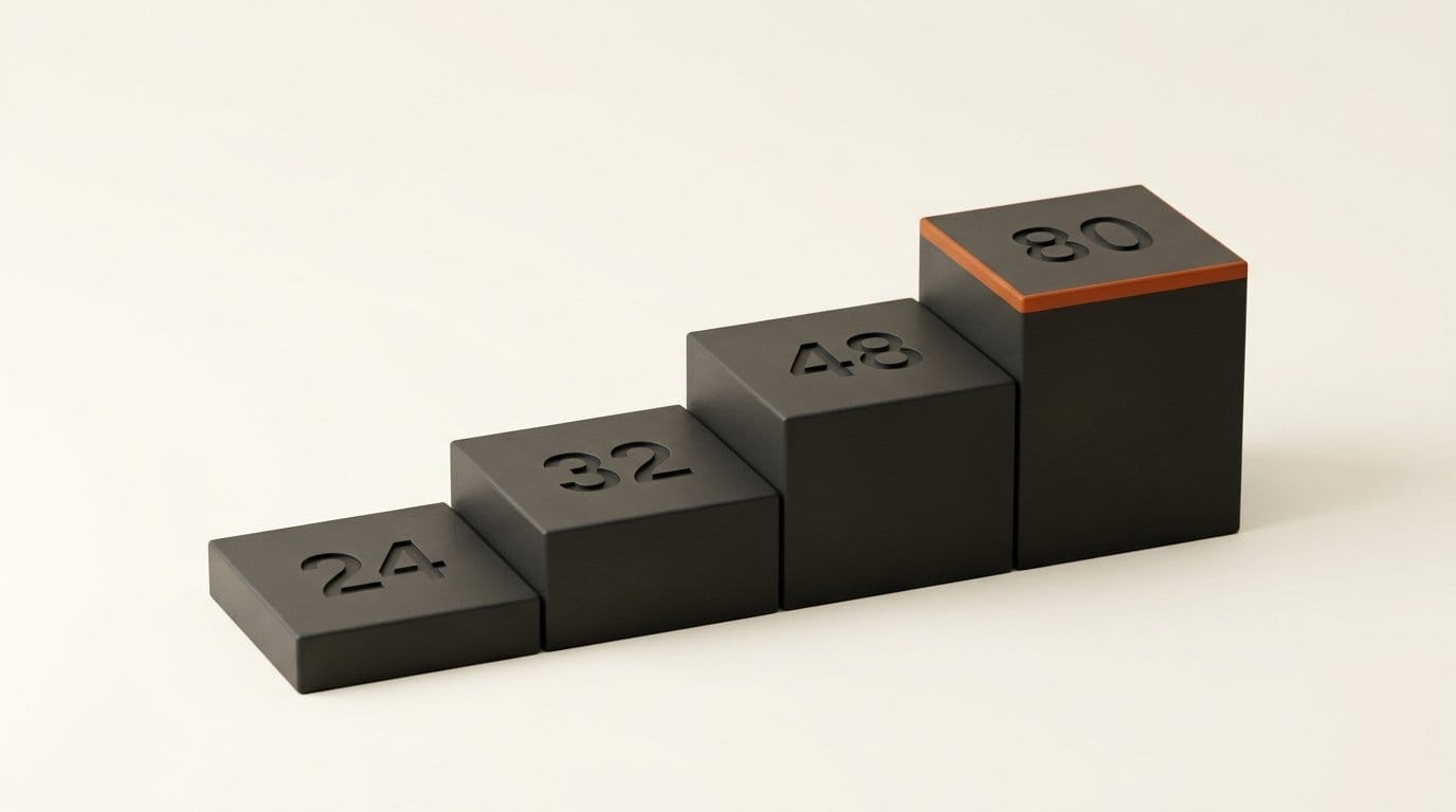 Four stepped 3D platforms engraved 24, 32, 48 and 80 for GPU VRAM in gigabytes