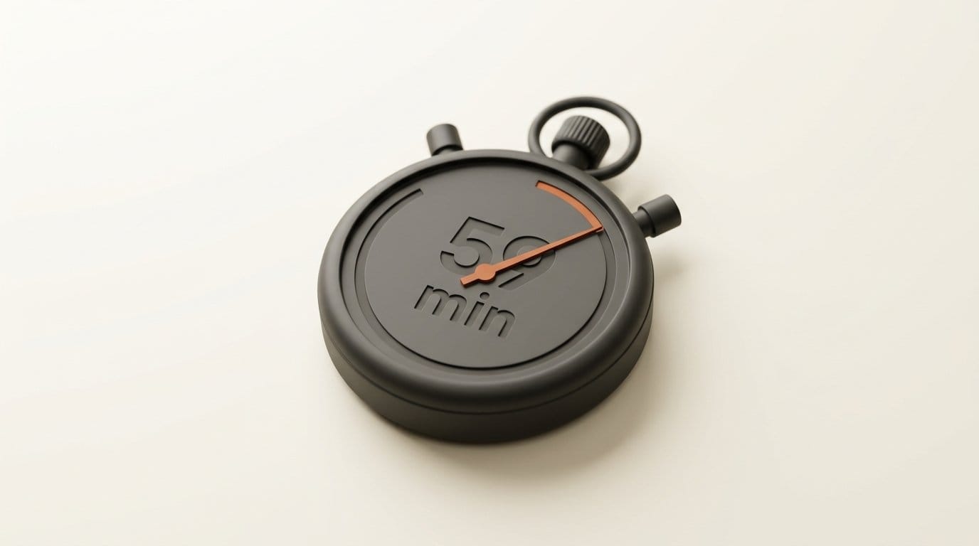 3D render of a stopwatch engraved 59 min, the hard session limit on GitHub Copilot's cloud agent