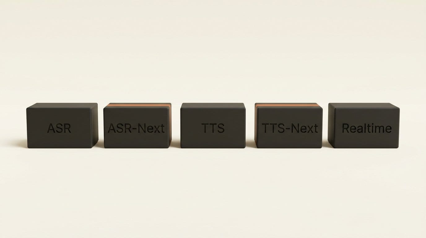 Five matte 3D blocks engraved ASR, ASR-Next, TTS, TTS-Next and Realtime, the Qwen-Audio-3.1 lineup