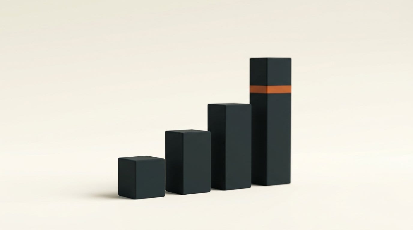 Abstract 3D render of four ascending bars comparing voice agent architecture options