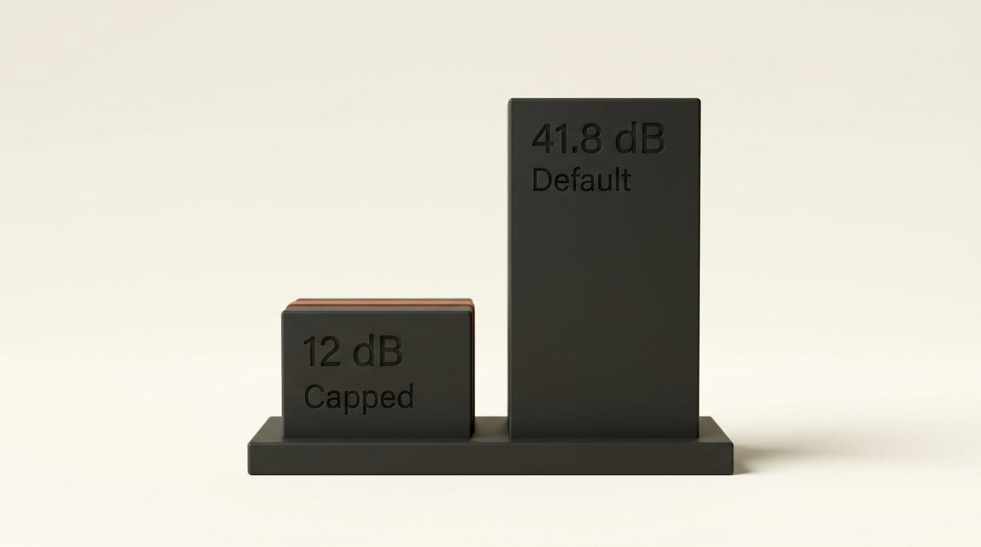 Music bed removed by DeepFilterNet3: 41.8 dB at the default setting versus 12 dB with the attenuation cap