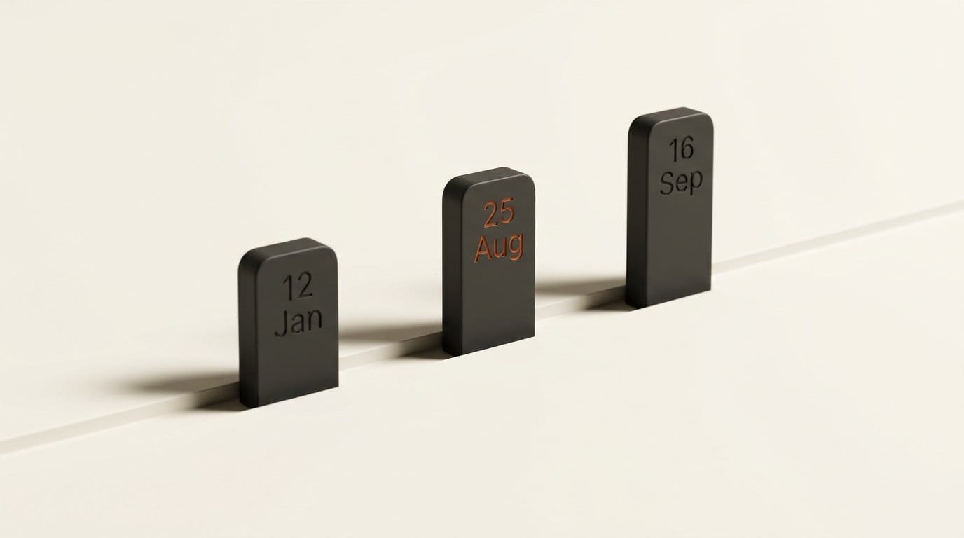 Timeline markers engraved 12 Jan, 25 Aug and 16 Sep, with 25 Aug highlighted