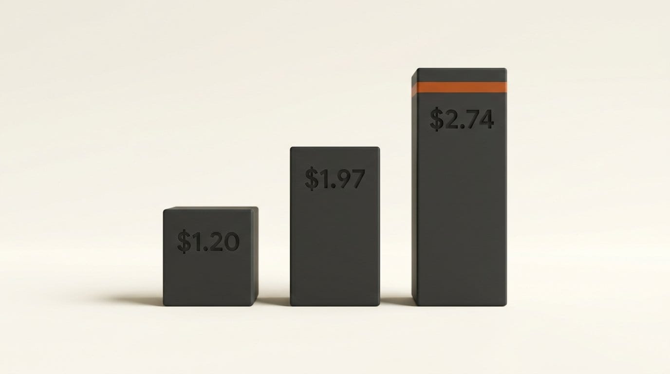 Three matte 3D bars engraved $1.20, $1.97 and $2.74, the cost of a 10-minute Gemini Live Avatar call at 30%, 50% and 70% talk time