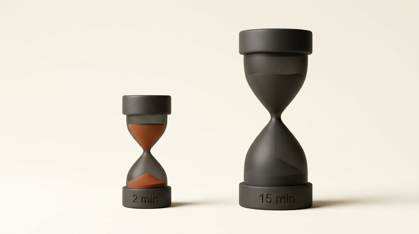 Two matte 3D hourglasses engraved 2 min and 15 min, the default Live API session limits for audio-video and audio-only