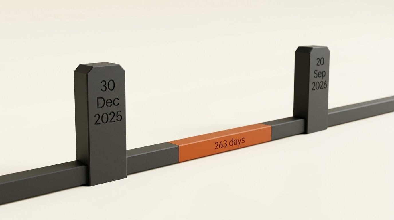 A charcoal rail with markers engraved 30 Dec 2025 and 20 Sep 2026, the 263-day gap between them highlighted in orange