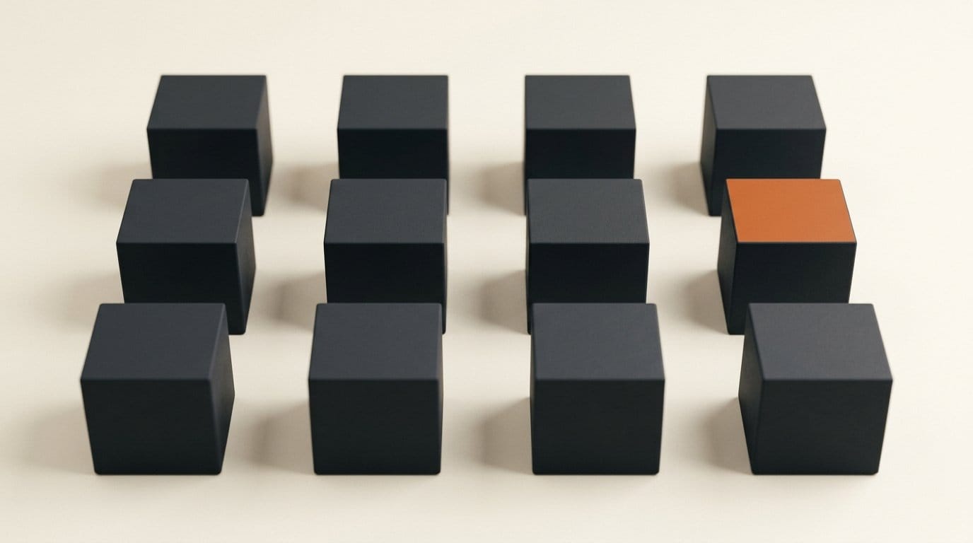 3D render of an identical cube grid with one orange cube, representing character consistency across panels