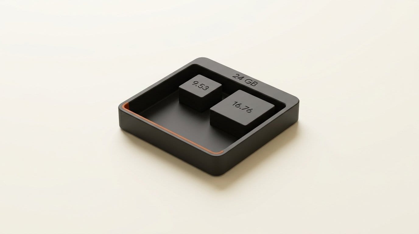 A tray engraved 24 GB holding two blocks engraved 9.53 and 16.76