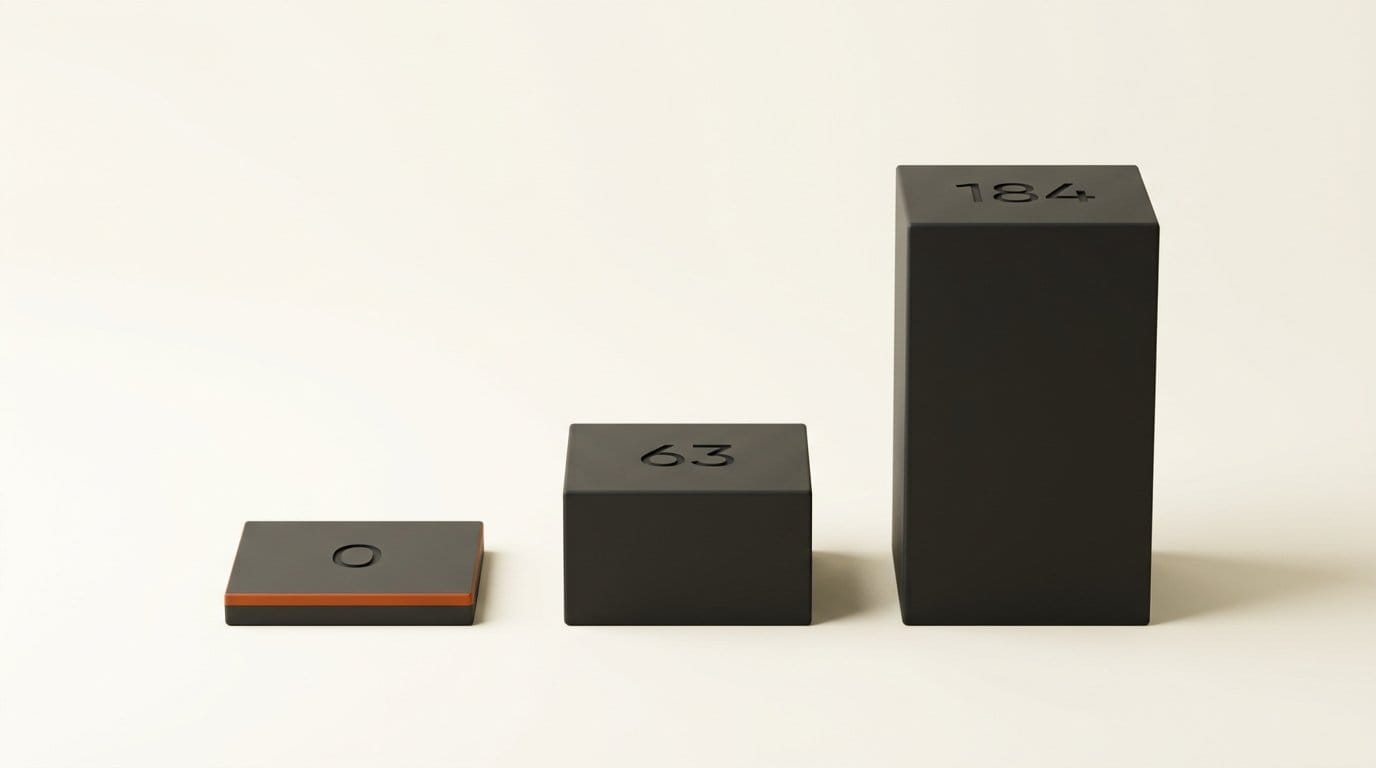 Three 3D bars at true relative heights engraved 0, 63 and 184, the median AI model retirement notice by platform
