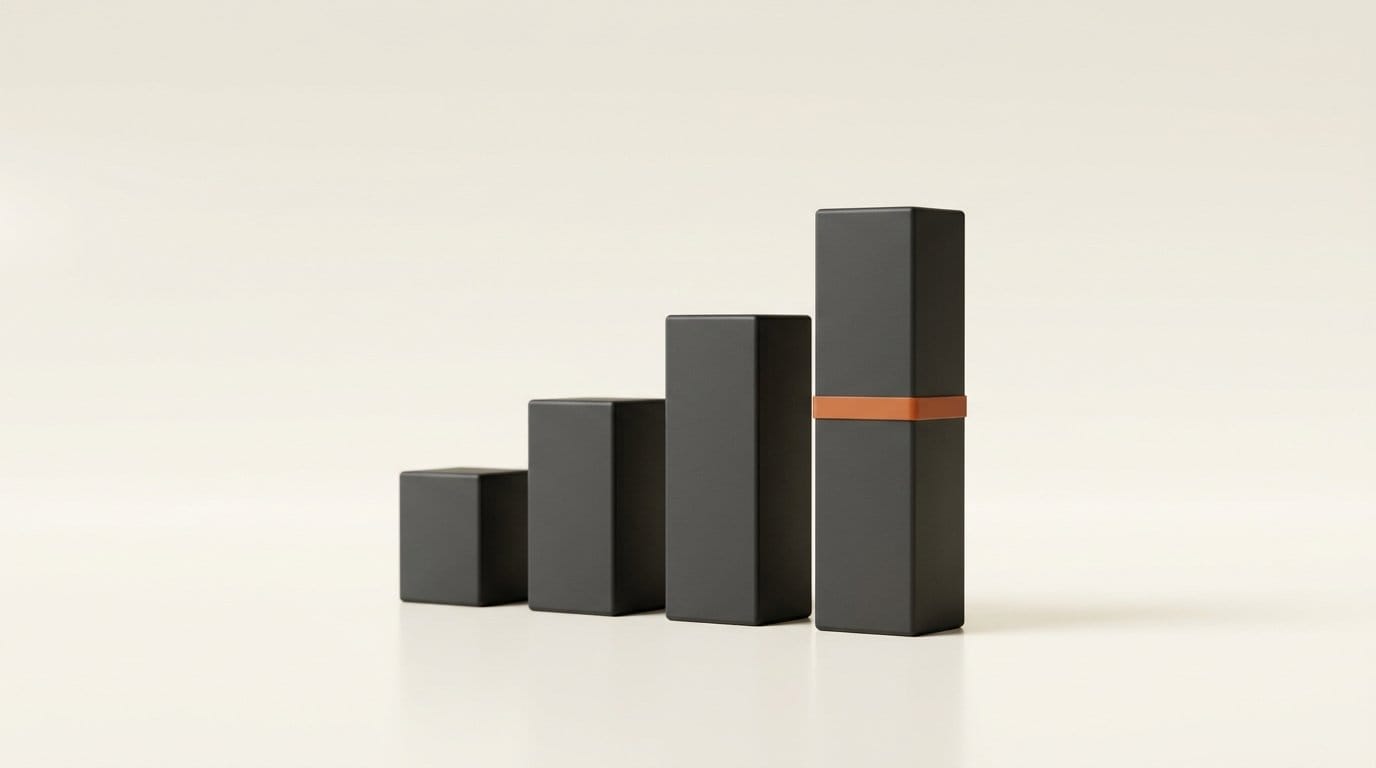 Ascending matte 3D bars comparing AI music tools on output rights