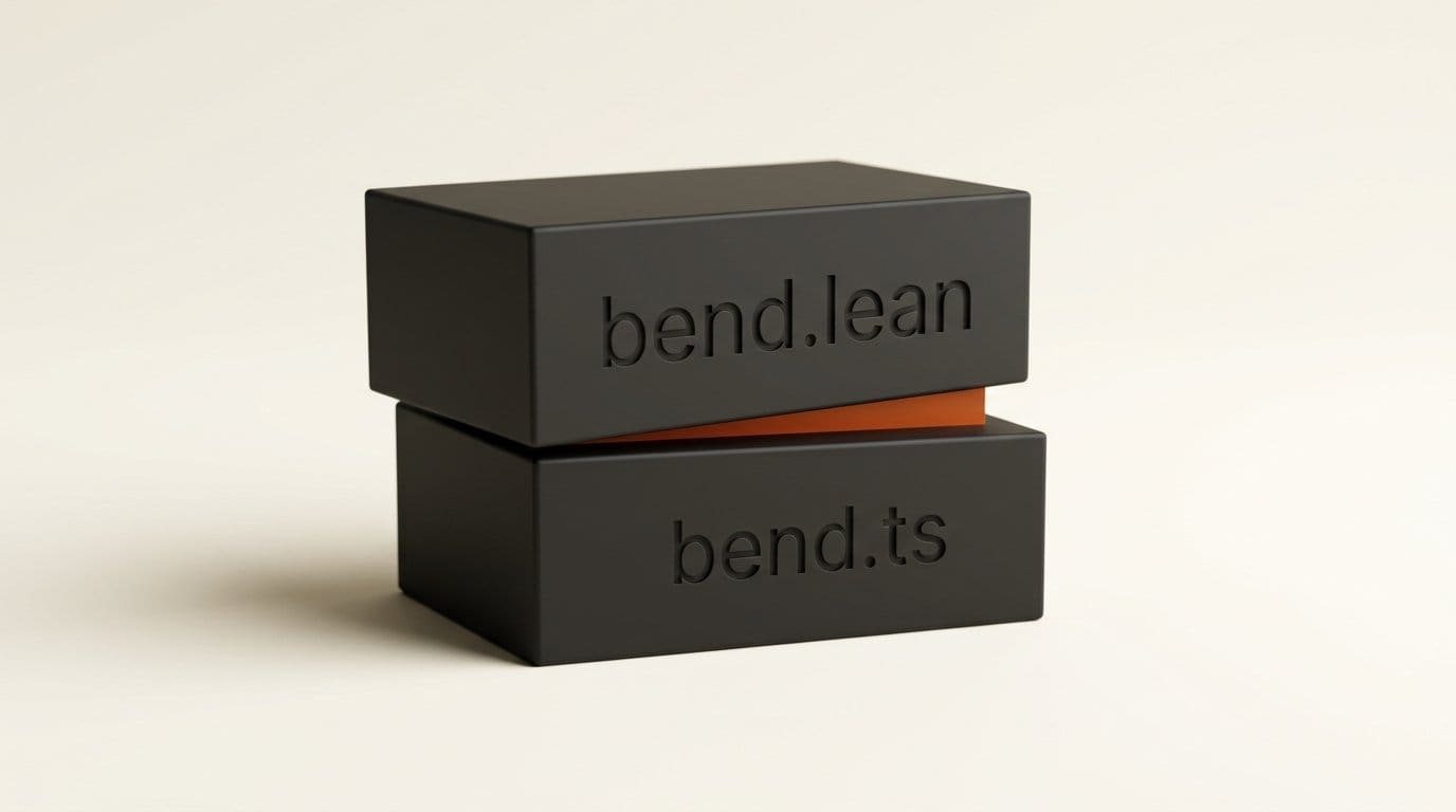Two charcoal blocks engraved bend.lean and bend.ts sitting misaligned with an orange gap, showing the documented formalisation mismatch