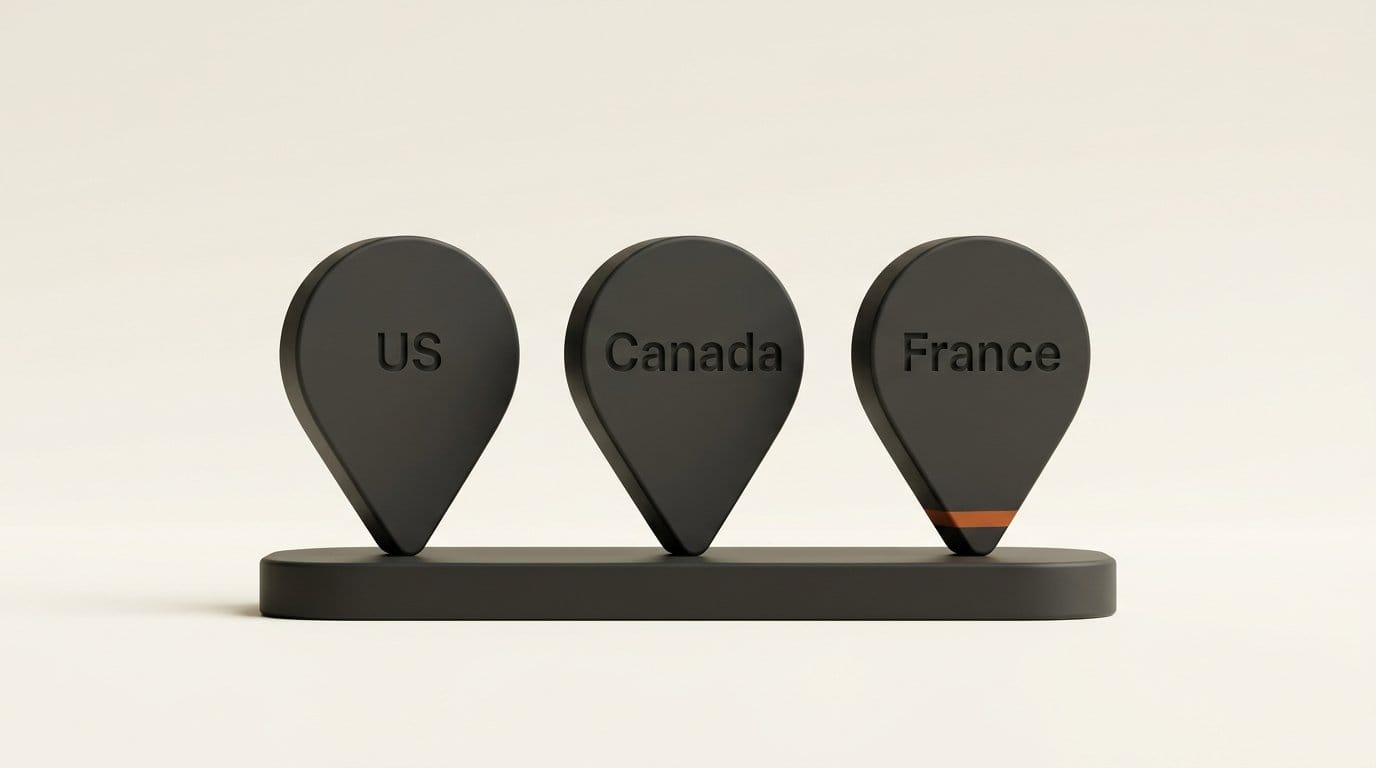 Three markers engraved US, Canada and France showing Firefox Smart Window rollout regions