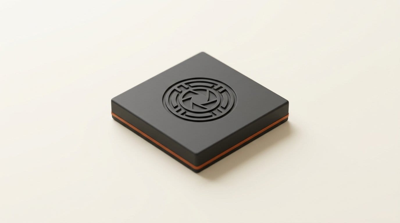 Matte 3D camera sensor tile with an engraved seal, representing signed sensor data