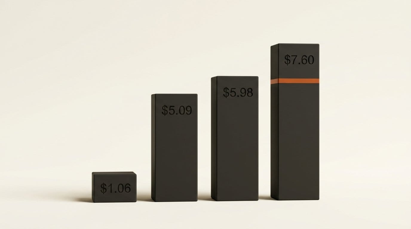 3D pillars showing cost per task of $1.06, $5.09, $5.98 and $7.60 at max effort