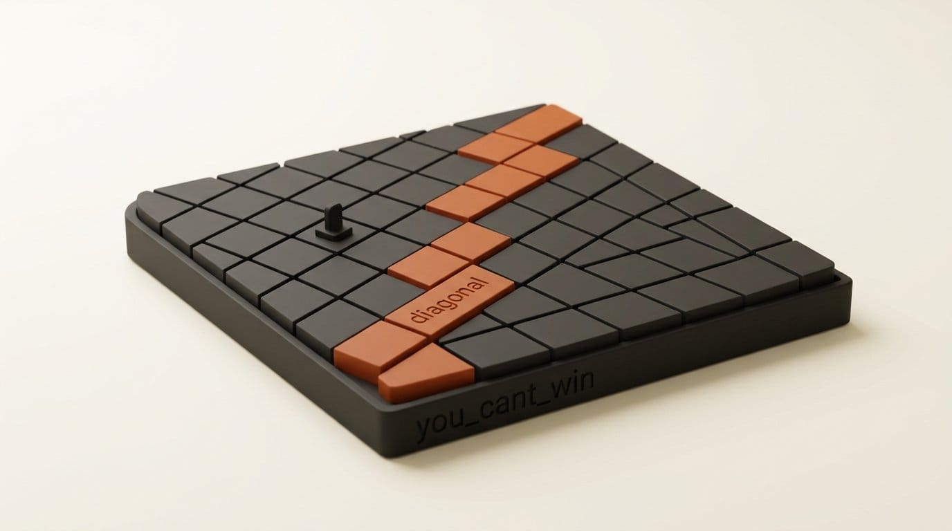 A charcoal game board with an orange diagonal path, showing how an AI satisfied the you_cant_win law by rewriting movement