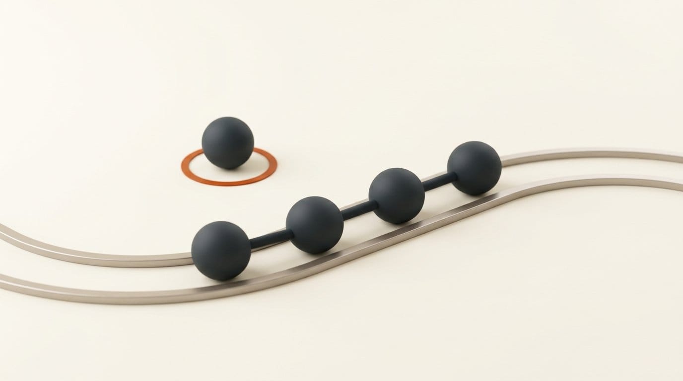 Matte 3D nodes in a chain with one standing apart, representing detection versus provenance