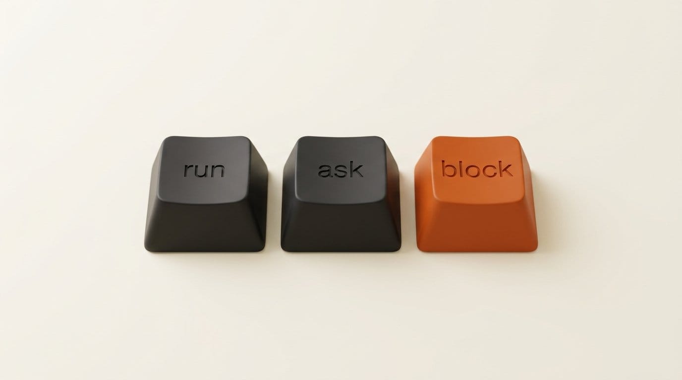 The Ollaya agent preset answers run, ask or block for each command a coding agent wants to execute