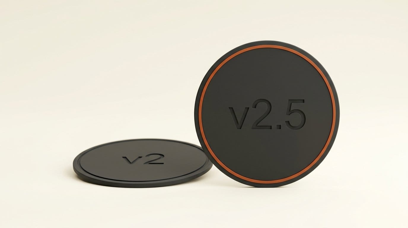 Two charcoal discs engraved v2.5 and v2, showing v2.5 as the new default while v2 remains available