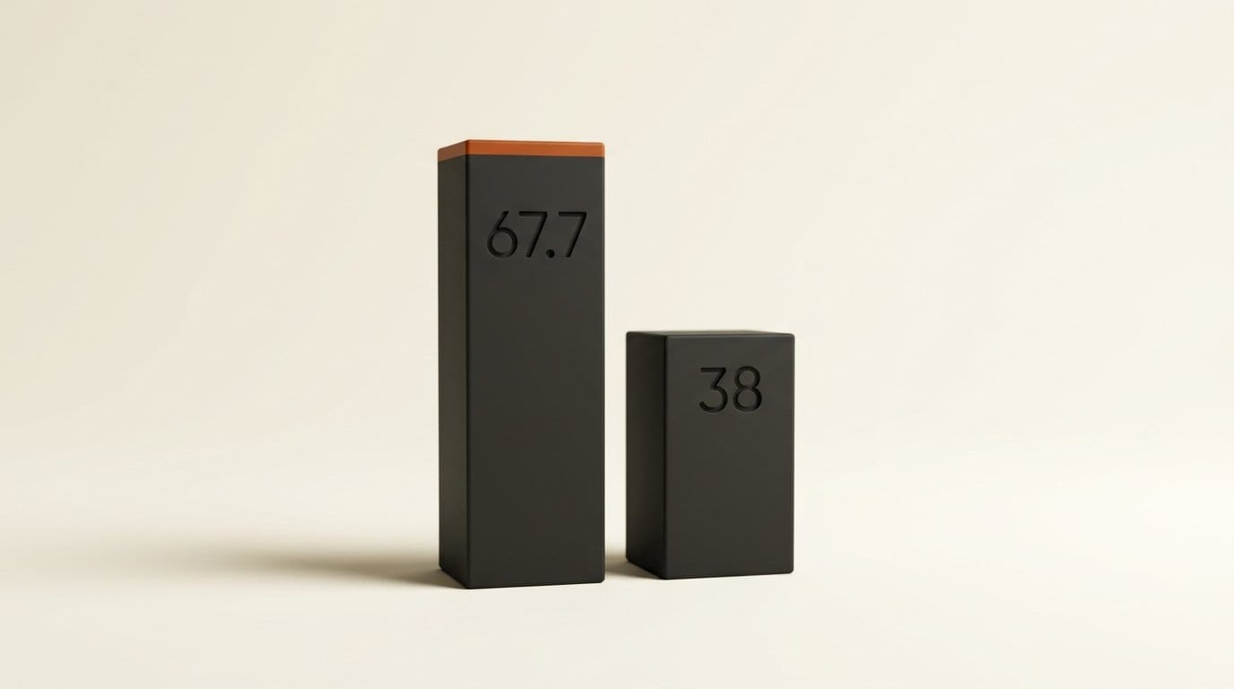 Two matte 3D bars engraved 67.7 and 38, the right one a little over half the height