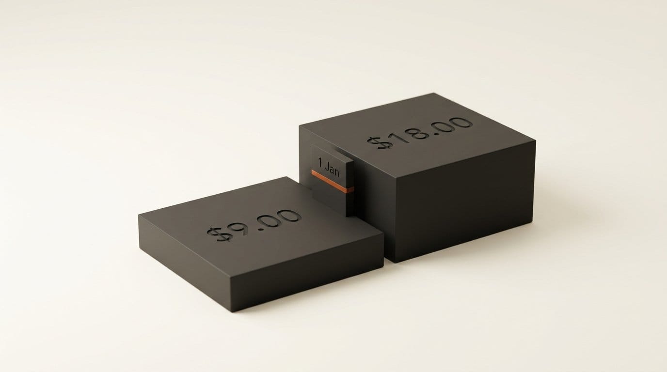 Two charcoal platforms engraved $9.00 and $18.00 with a 1 Jan marker, the audio output price doubling