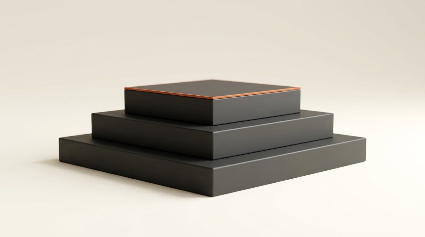 Stepped matte 3D platforms representing fine-tuning a general model into a narrow domain model