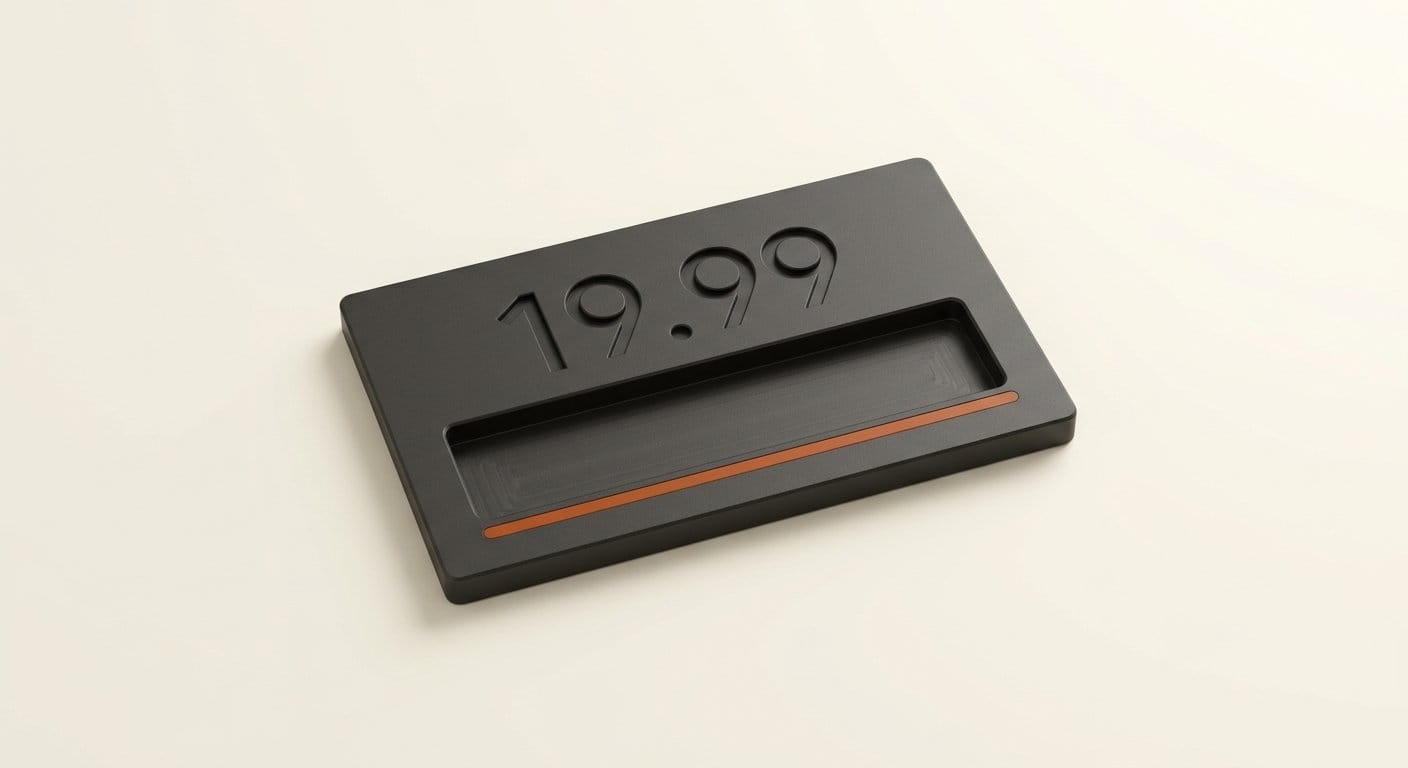 Charcoal spec plate engraved 19.99 above an empty machined slot where a usage limit would be