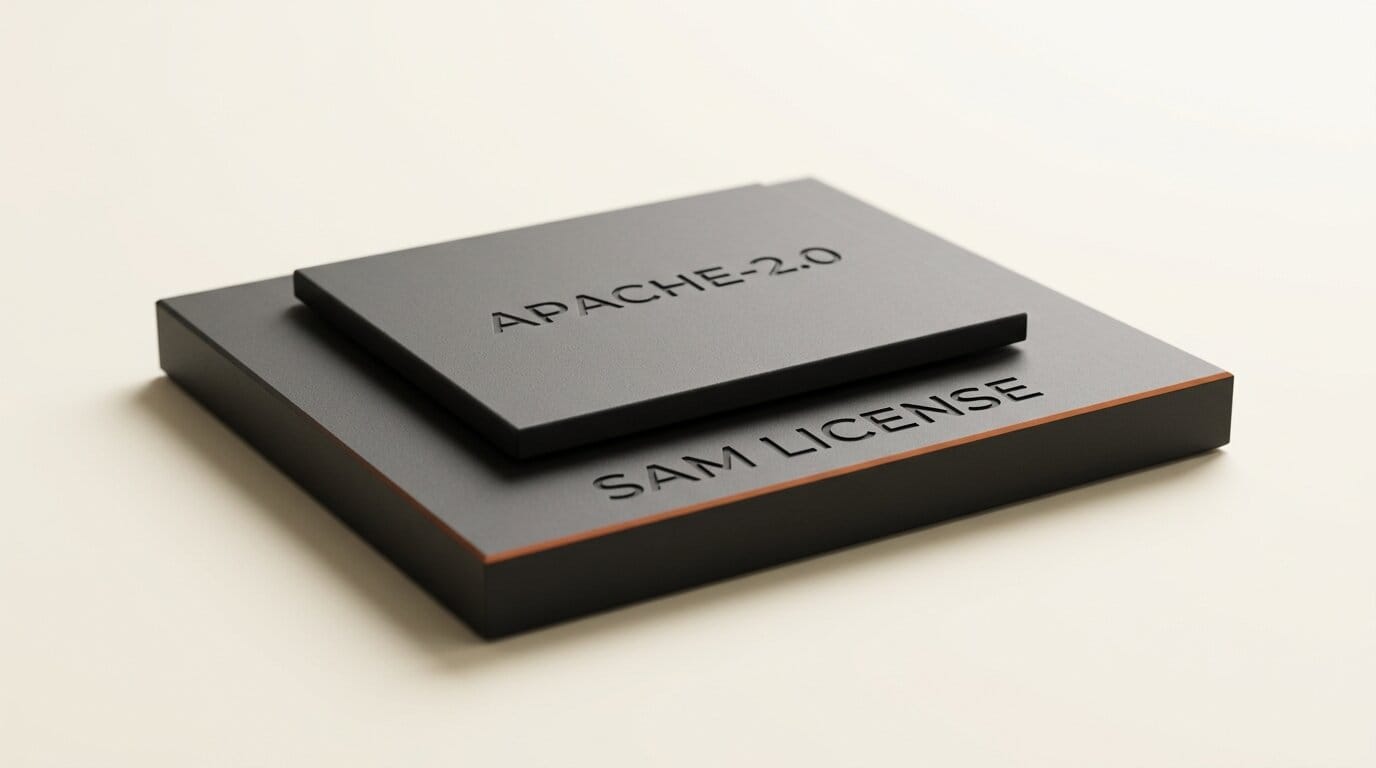 A small Apache-2.0 plate resting on a much larger SAM License foundation slab