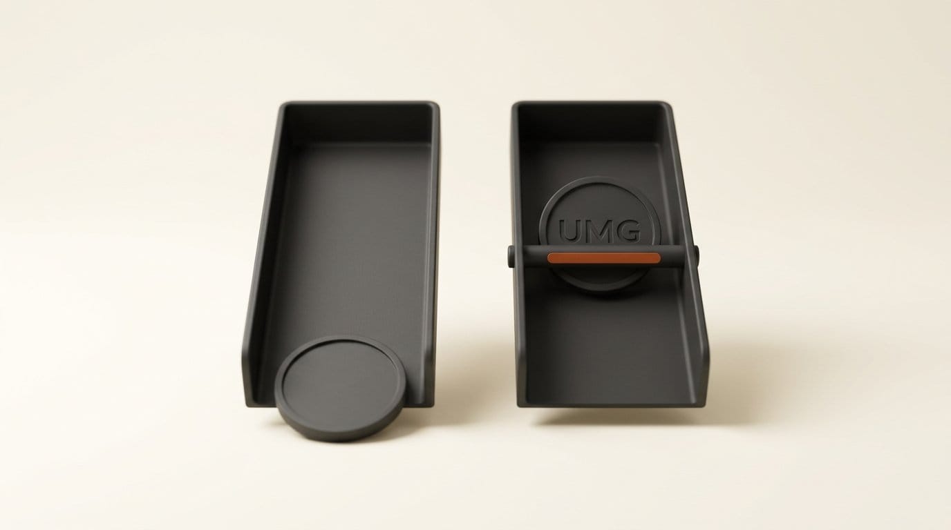 Two charcoal chutes, one passing a plain disc and one blocking a disc engraved UMG behind an orange bar